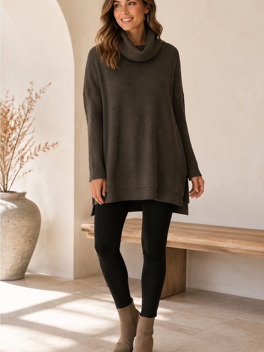 LILLUSORY Oversized Cowl Neck Ribbed Tunic Sweater Brown Size Medium